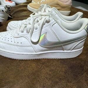 Nike White Low-Top Sneakers with Iridescent Swoosh Accent